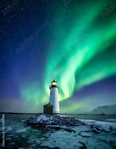 A solitary lighthouse shining on an icy shoreline, with an aurora dancing above in the sky.