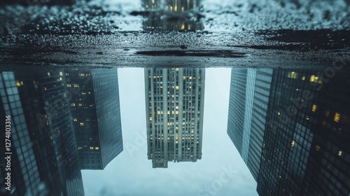 Urban skyscrapers reflected in puddle, night view, city reflection, urban scene, photo use photo