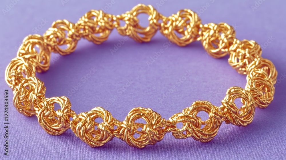 Obraz premium Luxurious gold chain bracelet with an intricate woven pattern, displayed on purple