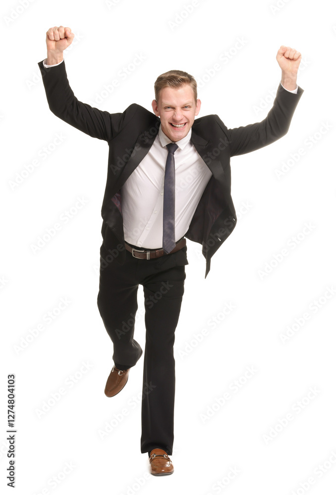 Business competition. Happy man running on white background Business competition. Happy man running on white background
