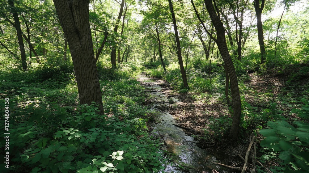 Naklejka premium Deep green forest with a small creek running through it, sunlight filtering through the dense canopy.