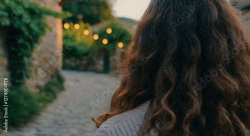 Female with curly hair walking down a cobblestone path at dusk photo