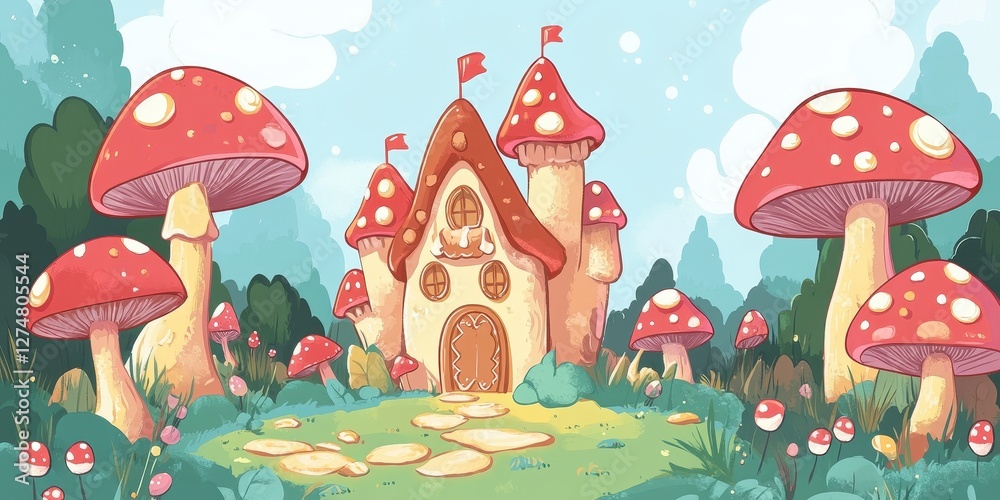 Obraz premium Mushroom house stands amidst a whimsical fungal landscape scenery