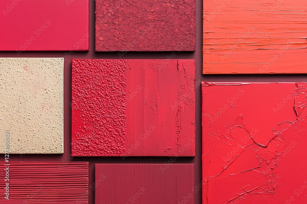 A vibrant collection of red paint swatches showcasing various textures and shades, highlighting the beauty of the color red.