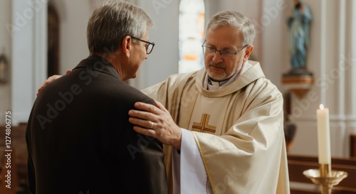Caucasian mature male priest offering support to a congregant in church setting