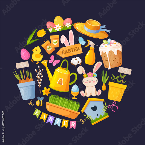 Vector cartoon collection of Easter elements in circle shape includes colorful painted eggs, Easter cake, seeds packet, cute bunny, chicken, spring flowers, birds feeder and another symbols