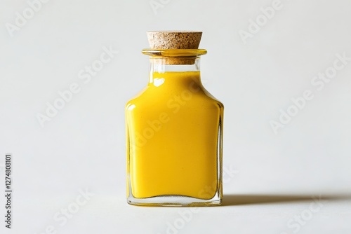 A vibrant yellow condiment in a glass bottle with a cork top sits on a light background isolated on transparent background photo