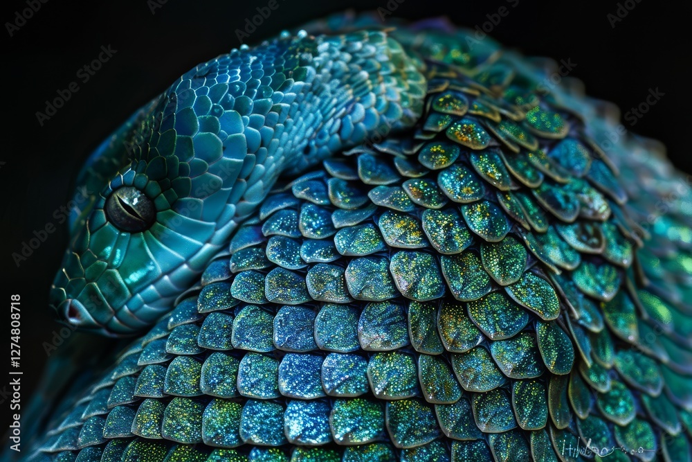 Fototapeta premium The emerald displays a captivating close-up of its head and body, revealing iridescent scales that shimmer in an array of green and blue tones, highlighting natural beauty