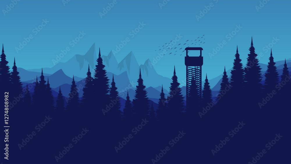 Fototapeta premium Mountain landscape with watchtower vector illustration good for web banner, ads banner, tourism banner, wallpaper, background template, and adventure design backdrop