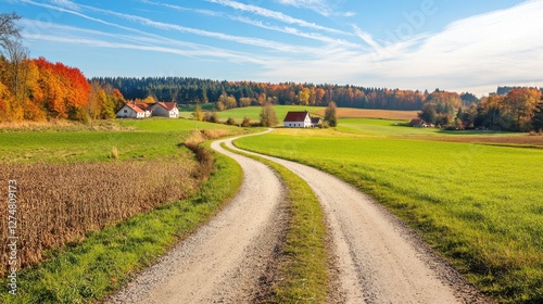 Peaceful country road through an open meadow, distant farmhouses in the far background.