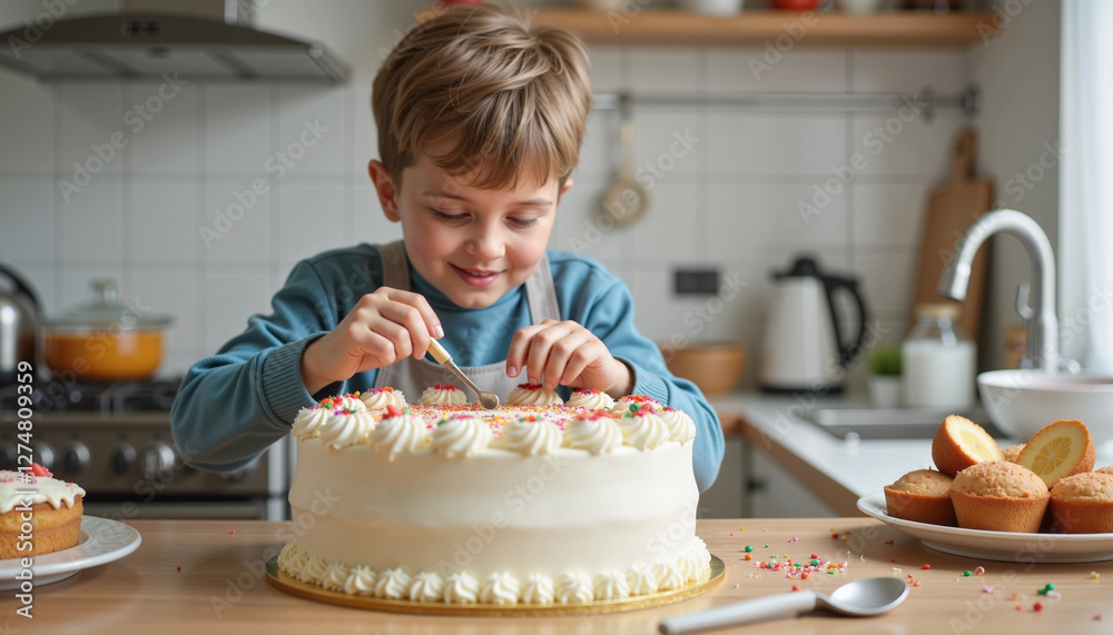 Happy boy decorating cake in cozy kitchen, joyful celebration, Children's Day, Blurred Background Happy boy decorating cake in cozy kitchen, joyful celebration, Children's Day, Blurred Background
