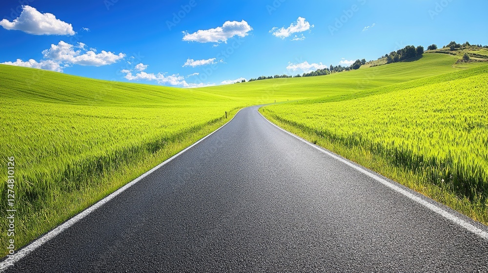 Quiet road through a farmland landscape, green fields stretching endlessly toward the horizon. Quiet road through a farmland landscape, green fields stretching endlessly toward the horizon.