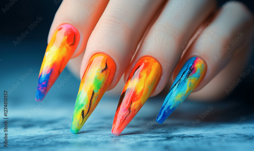 Obraz premium Nail art, colorful manicure design, long nails, generated ai 