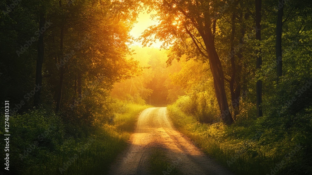 Quiet rural road leading through a dense forest, sunlight peeking through the tree canopy. Quiet rural road leading through a dense forest, sunlight peeking through the tree canopy.