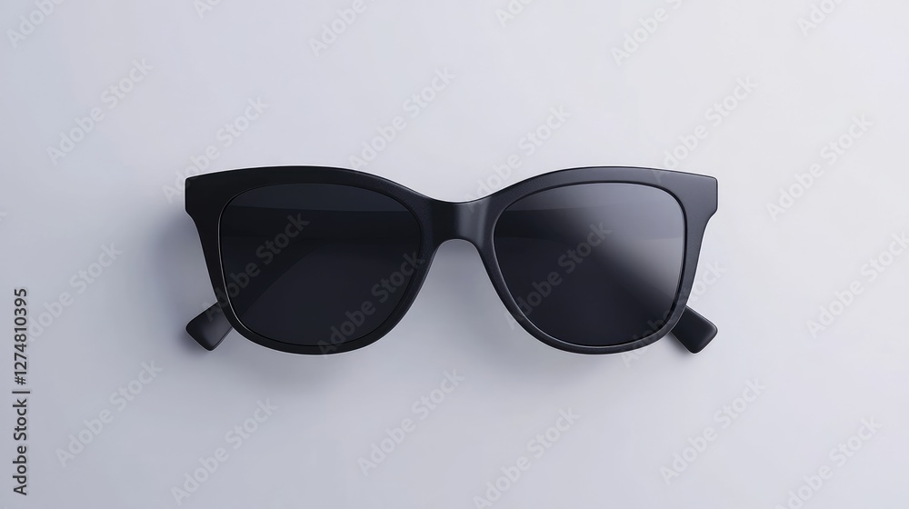 Rectangular black sunglasses with a minimalist design, resting on a pure white background, top-down perspective.