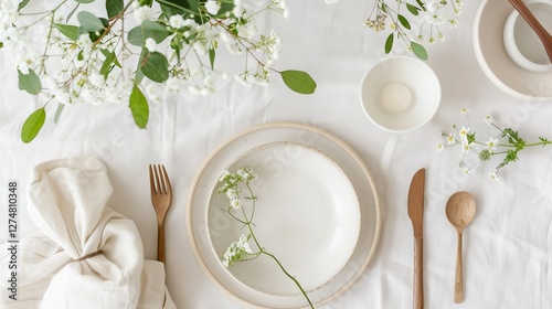 Minimalist table decor with white linen, ceramic plates, and wildflowers, soft natural light,