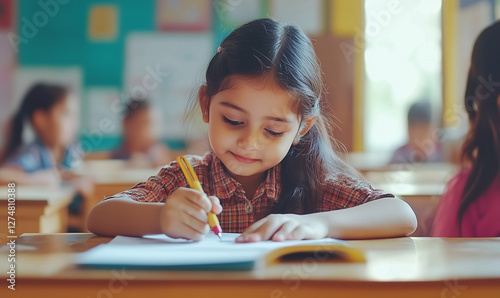 Indian child writing with pen on paper at school, generated ai
