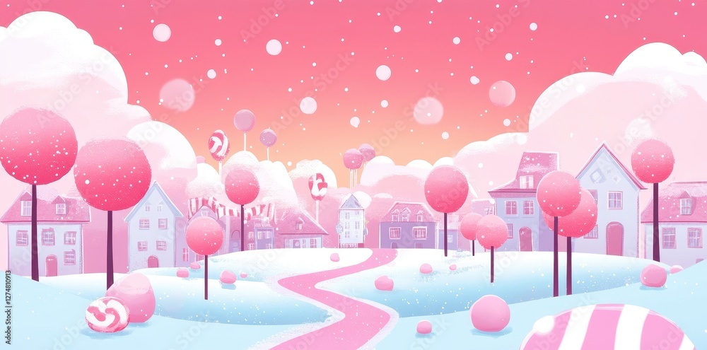 Whimsical winter candy land landscape with sweets and snow Whimsical winter candy land landscape with sweets and snow