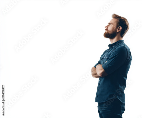 Nachdenklicher Mann von hinten auf weißem Hintergrund stehend

 photo