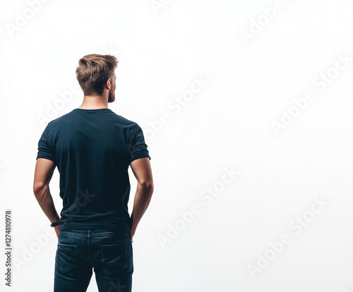 Nachdenklicher Mann von hinten auf weißem Hintergrund stehend


