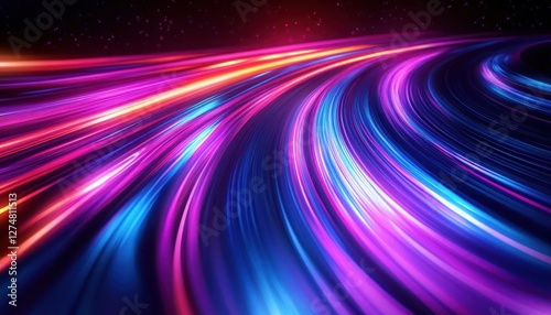 Abstract light trails in a night city with glowing neon reflections, dynamic vibrant colors, photorealistic
