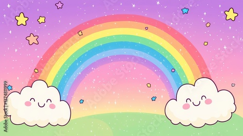 Cartoon rainbow stretches across the sky with smiling clouds