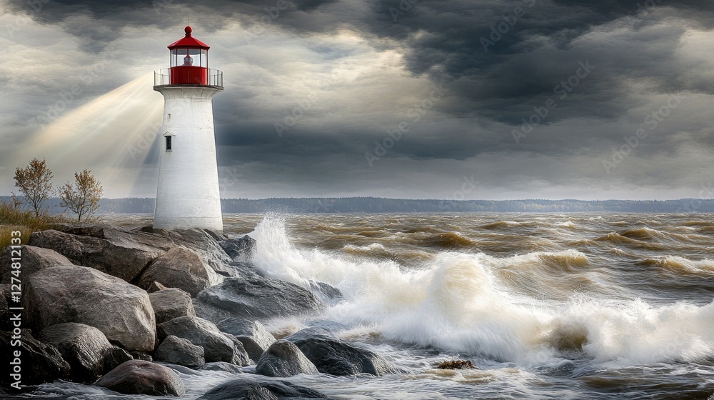 Scenic lighthouse perched on a rocky coastline, waves crashing against the cliffs. Scenic lighthouse perched on a rocky coastline, waves crashing against the cliffs.