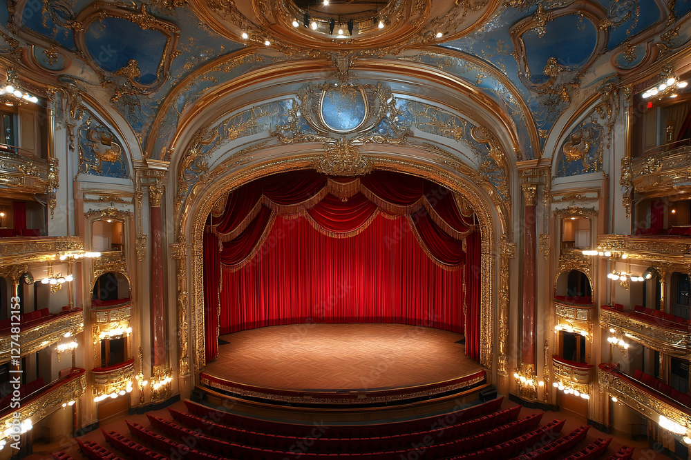 Obraz premium Opulent theater hall showcasing its stage and red curtains. Beautiful architecture visible, suitable for cultural or travel promotions