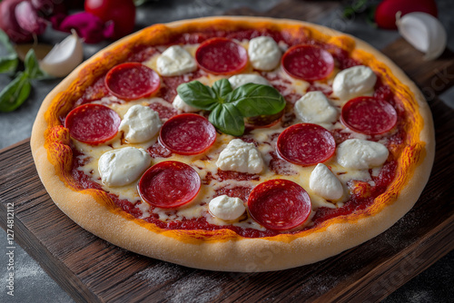 Delicious Pepperoni Pizza with Creamy Cheese and Basil