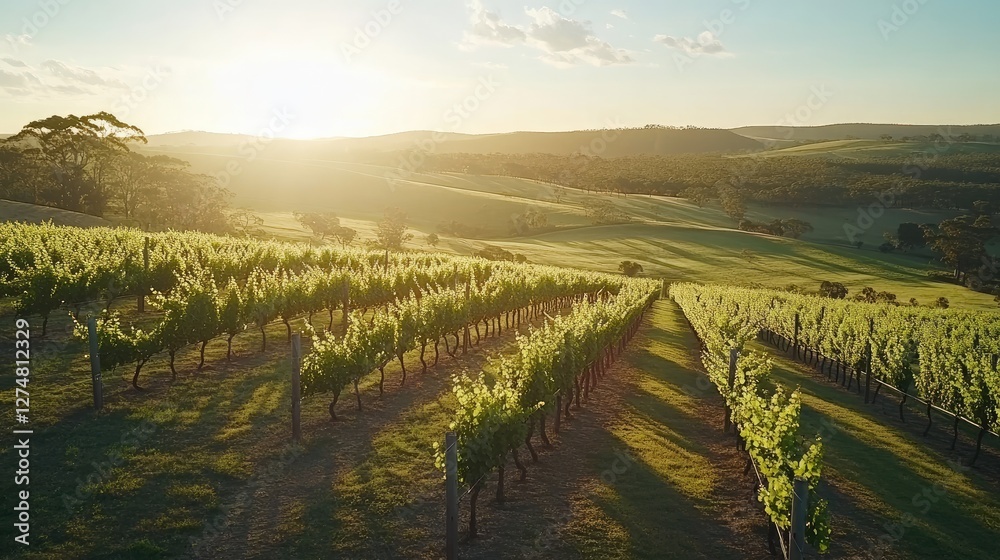 Naklejka premium Scenic vineyard in the rolling countryside, golden sunlight casting long shadows on the grapevines.