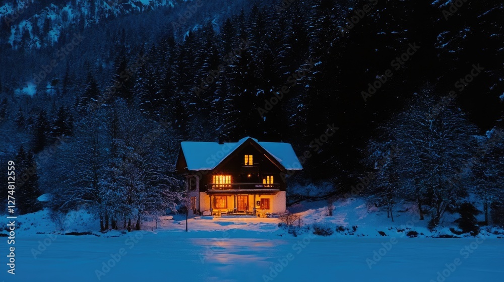 Secluded mountain lodge at night, surrounded by deep snow, warm lights glowing in windows. Secluded mountain lodge at night, surrounded by deep snow, warm lights glowing in windows.