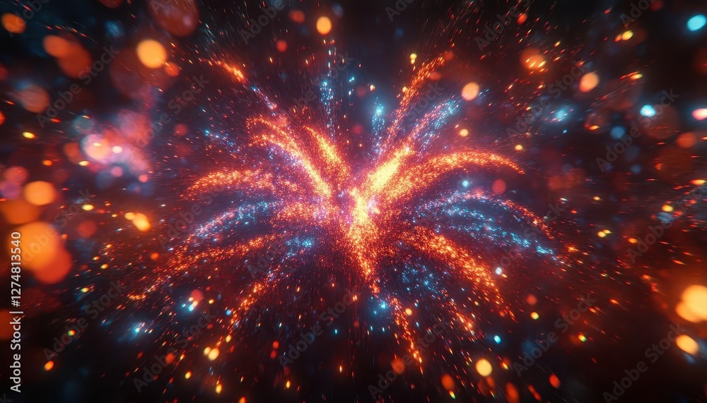 Fototapeta premium Fourth of July fireworks display with glowing holographic overlays, vibrant festive atmosphere, dynamic lighting, photorealistic