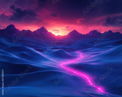 Futuristic abstract landscape with glowing neon elements, vibrant lighting, soft ambient light, photorealistic