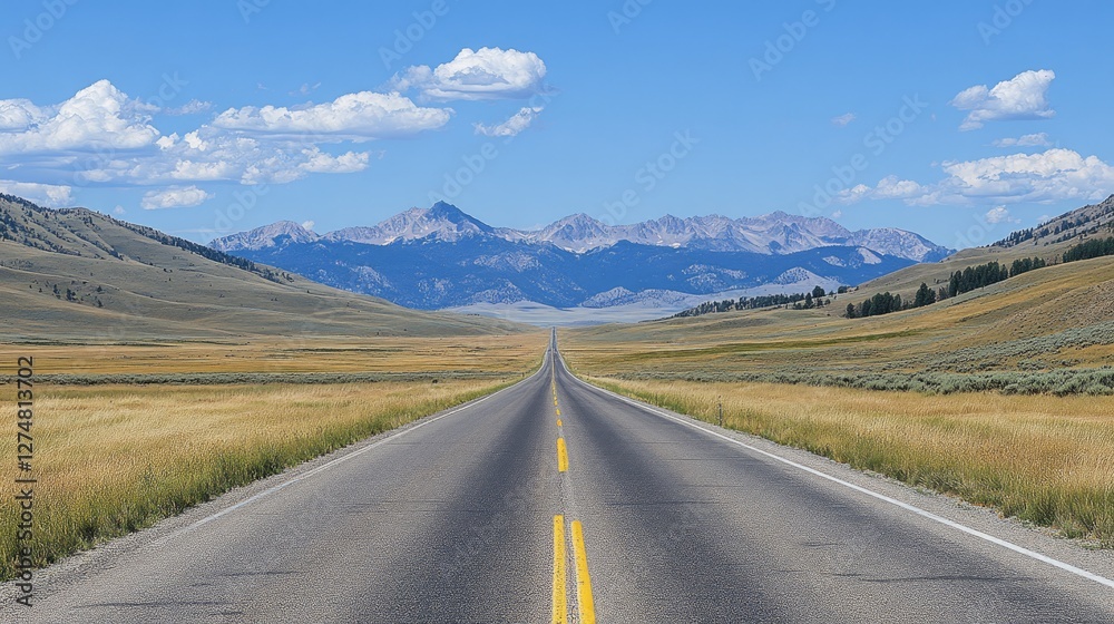 Straight highway through a flat, sun-scorched plain, with distant mountains rising above the horizon.
