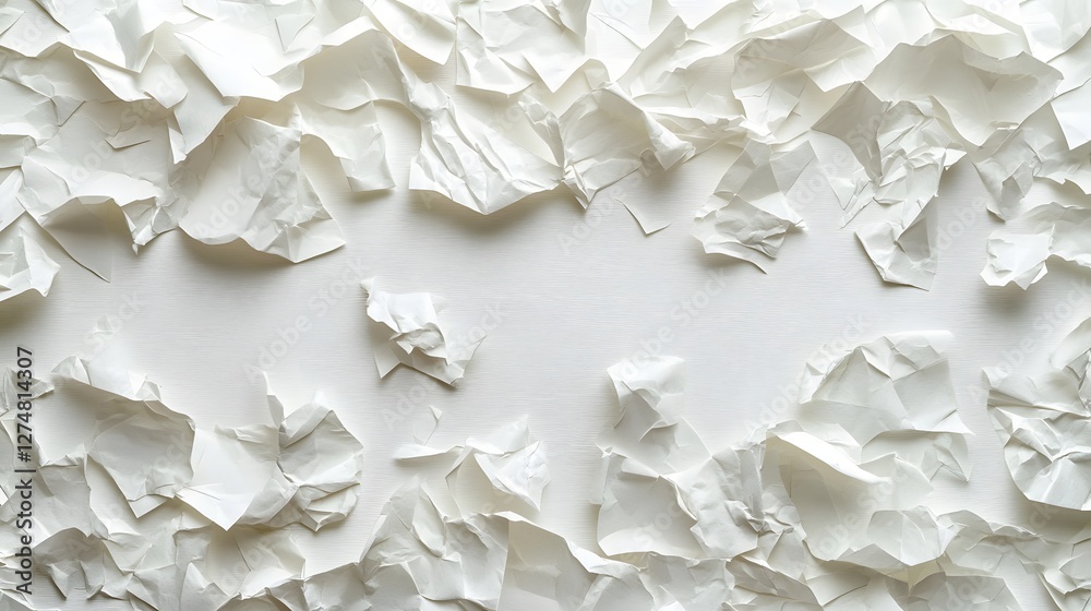 Obraz premium Crumpled white paper texture. Abstract background. Minimalist design. Abstract White Crumpled Paper Texture Background Shredded surface