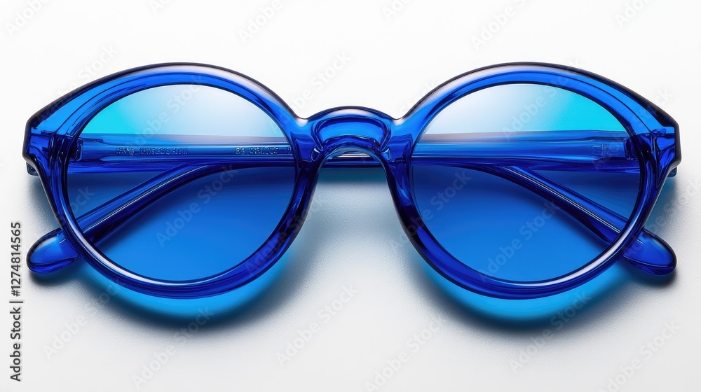 Fototapeta premium Transparent blue sunglasses with retro oval lenses, symmetrically placed on a white surface, top-down angle.