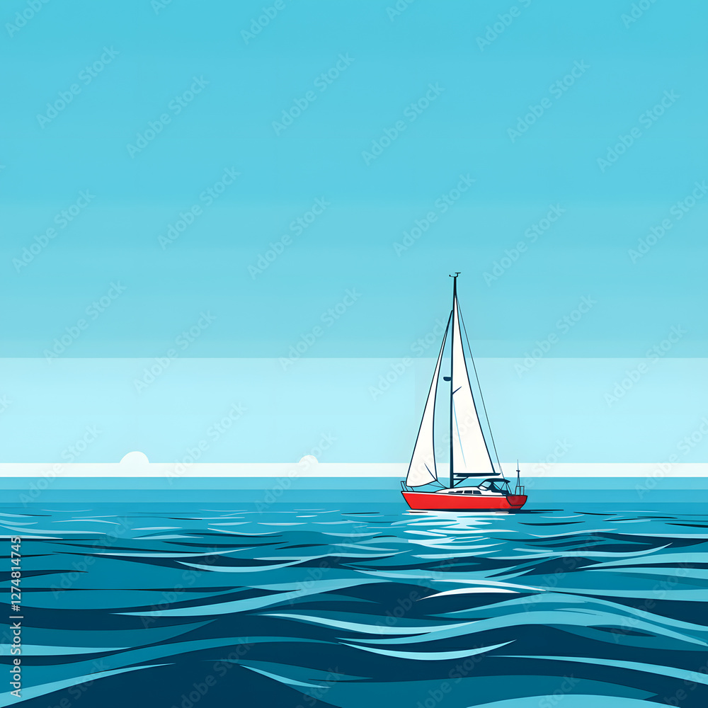 Obraz premium Elegant sailboat gliding on serene blue ocean waters with soft sky gradients in modern minimalist art style