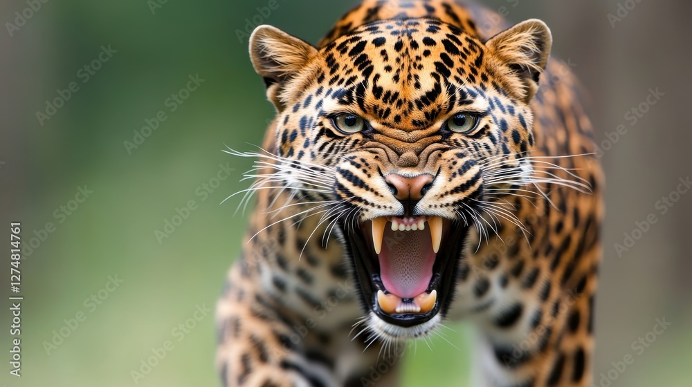 Fototapeta premium Close-up of a snarling leopard, displaying its sharp teeth, intense gaze, and spotted coat, against a blurred green background.