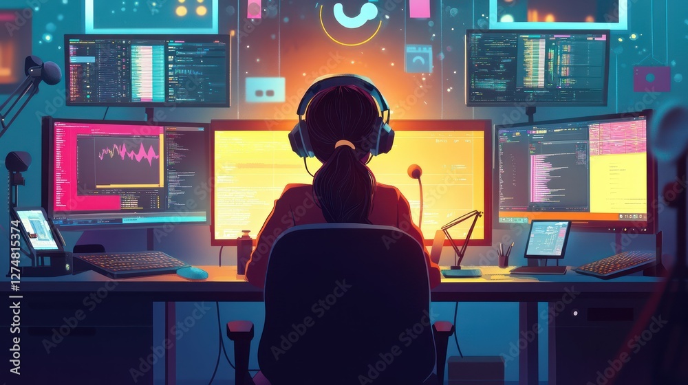 Woman coding late, tech office, screens Woman coding late, tech office, screens