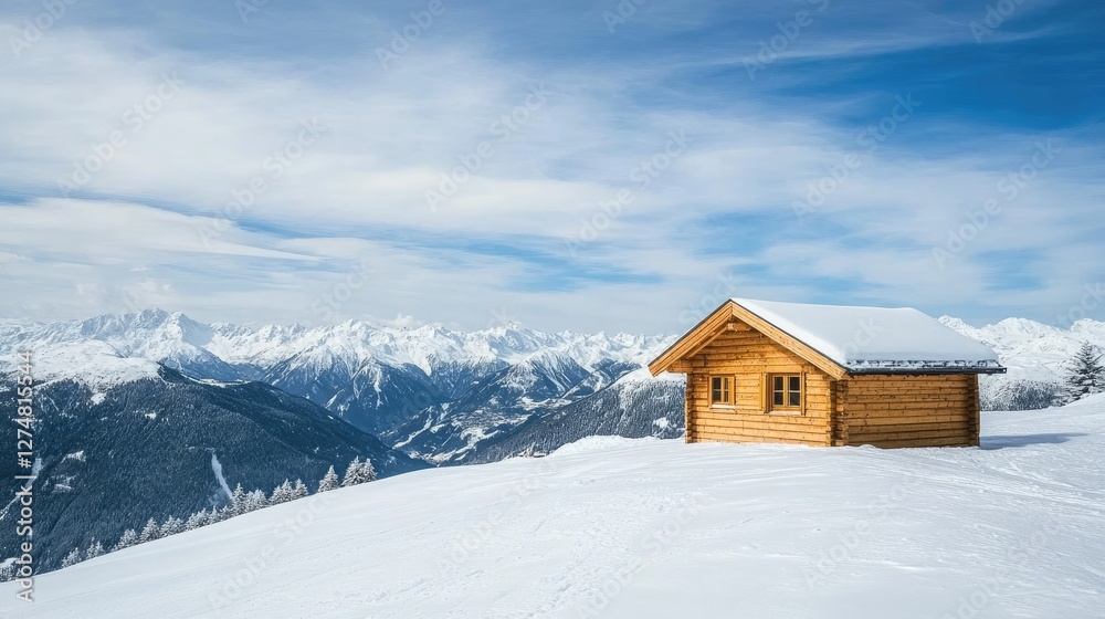 Wooden ski cabin atop a snowy peak, overlooking a vast valley with rolling white slopes. Wooden ski cabin atop a snowy peak, overlooking a vast valley with rolling white slopes.