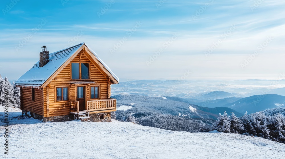 Wooden ski cabin atop a snowy peak, overlooking a vast valley with rolling white slopes. Wooden ski cabin atop a snowy peak, overlooking a vast valley with rolling white slopes.