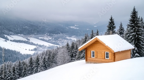 Wooden ski cabin atop a snowy peak, overlooking a vast valley with rolling white slopes.