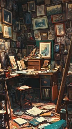 Artistic studio filled with paintings books and creative clutter photo