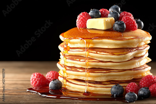 Delicious Golden Pancakes with Berry Topping and Maple Syrup