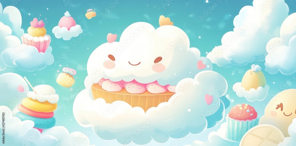 Obraz premium Cartoon desserts floating among soft clouds in a dreamy sky