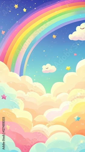 Whimsical illustration features a rainbow and happy clouds in the sky