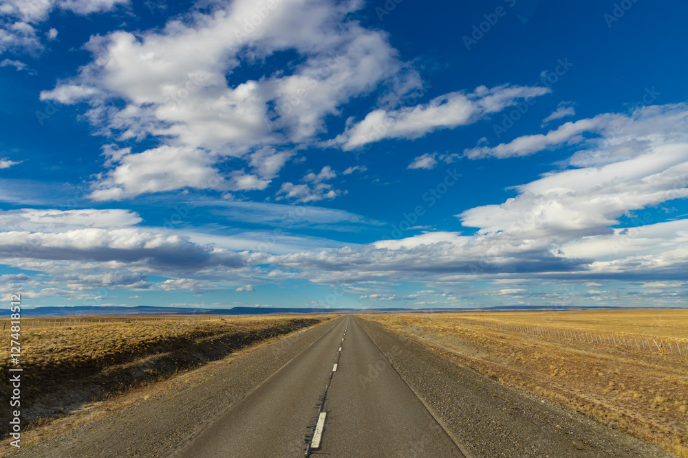 Fototapeta premium A long, empty road stretches endlessly through a vast, arid landscape under a bright blue sky with scattered clouds. The scene evokes adventure, freedom, and solitude, perfect for travel exploration