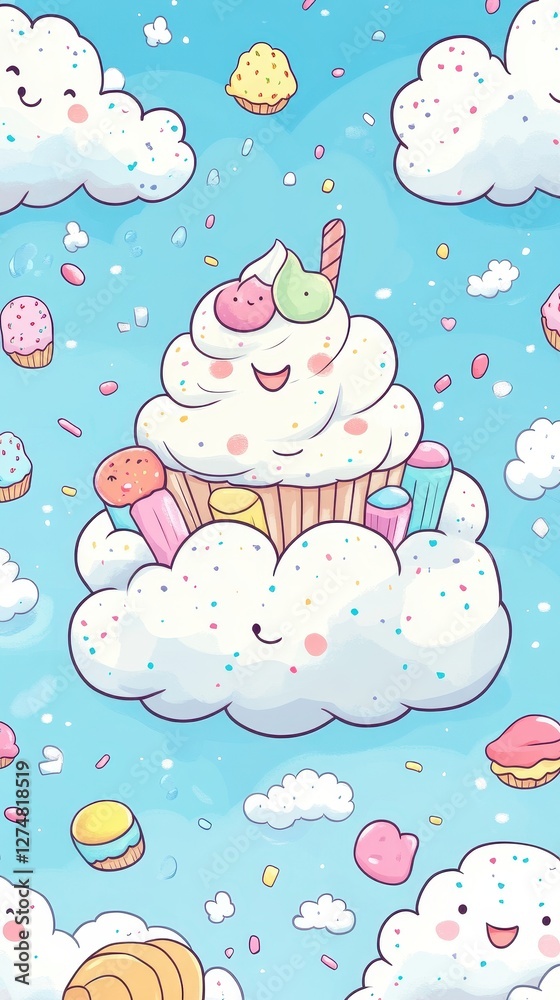 Cartoon cupcakes and clouds float against a light blue background