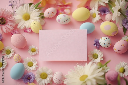Colorful Easter Eggs and Spring Flowers on Pink Background With a Blank Card