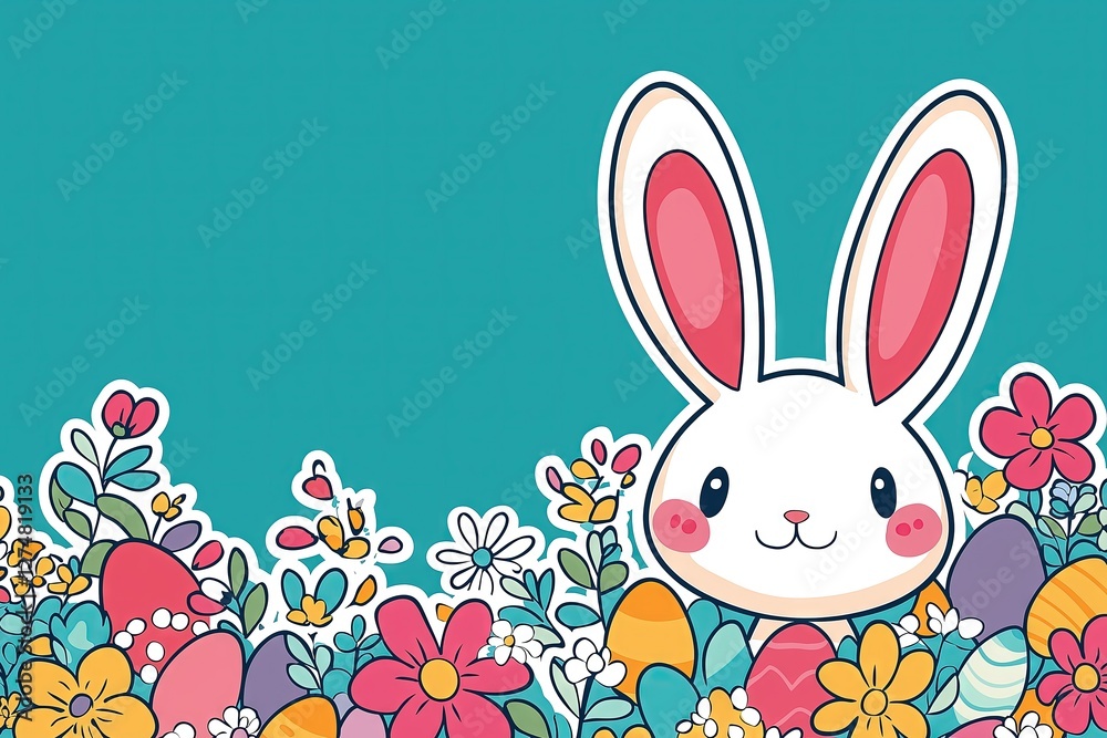 Adorable Cartoon Bunny in a Springtime Flower Garden with Easter Eggs - Space for Text Adorable Cartoon Bunny in a Springtime Flower Garden with Easter Eggs - Space for Text